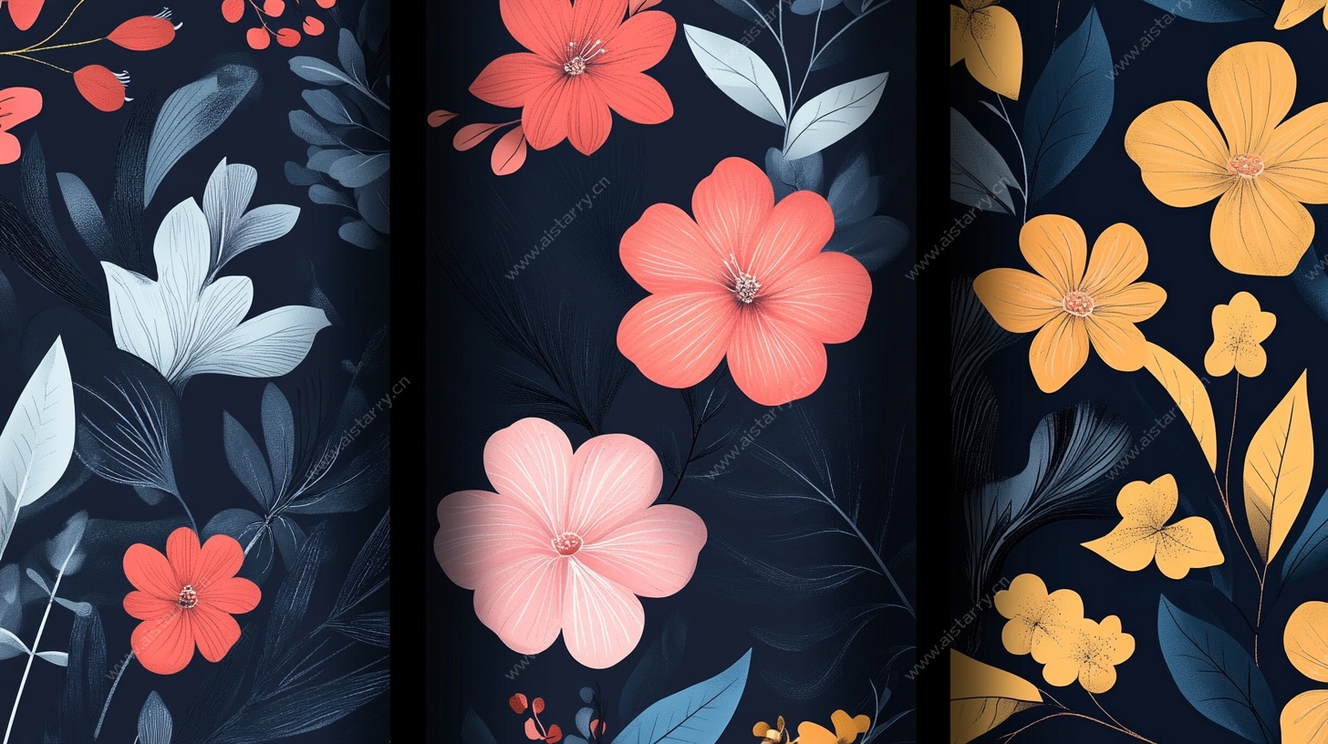 深蓝底多彩花卉图案集合