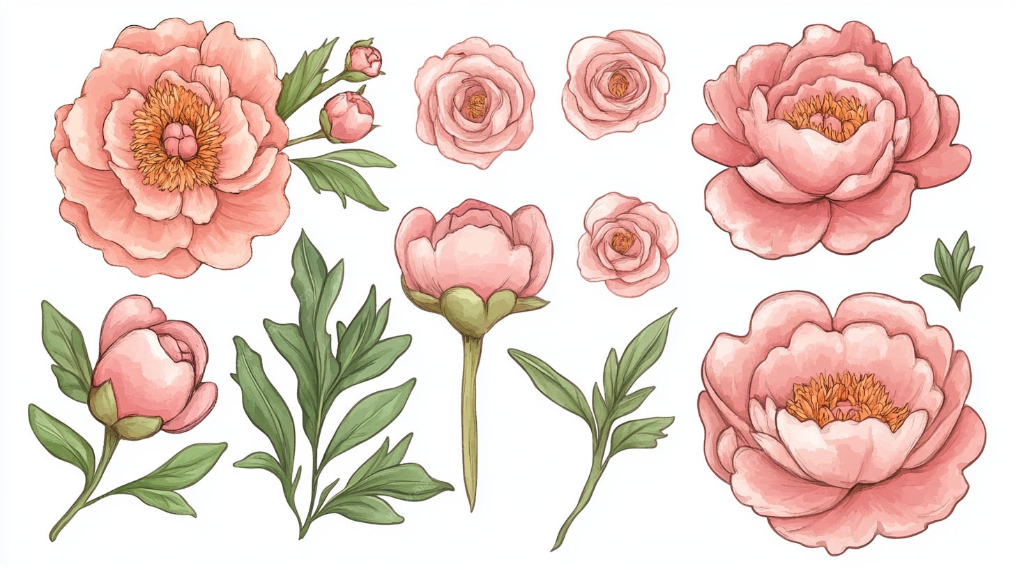 手绘粉色牡丹花元素集