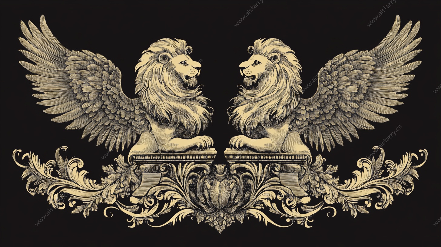 双狮带翼华丽装饰图案