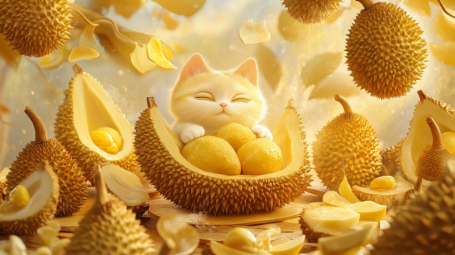 猫咪惬意躺卧在榴莲中