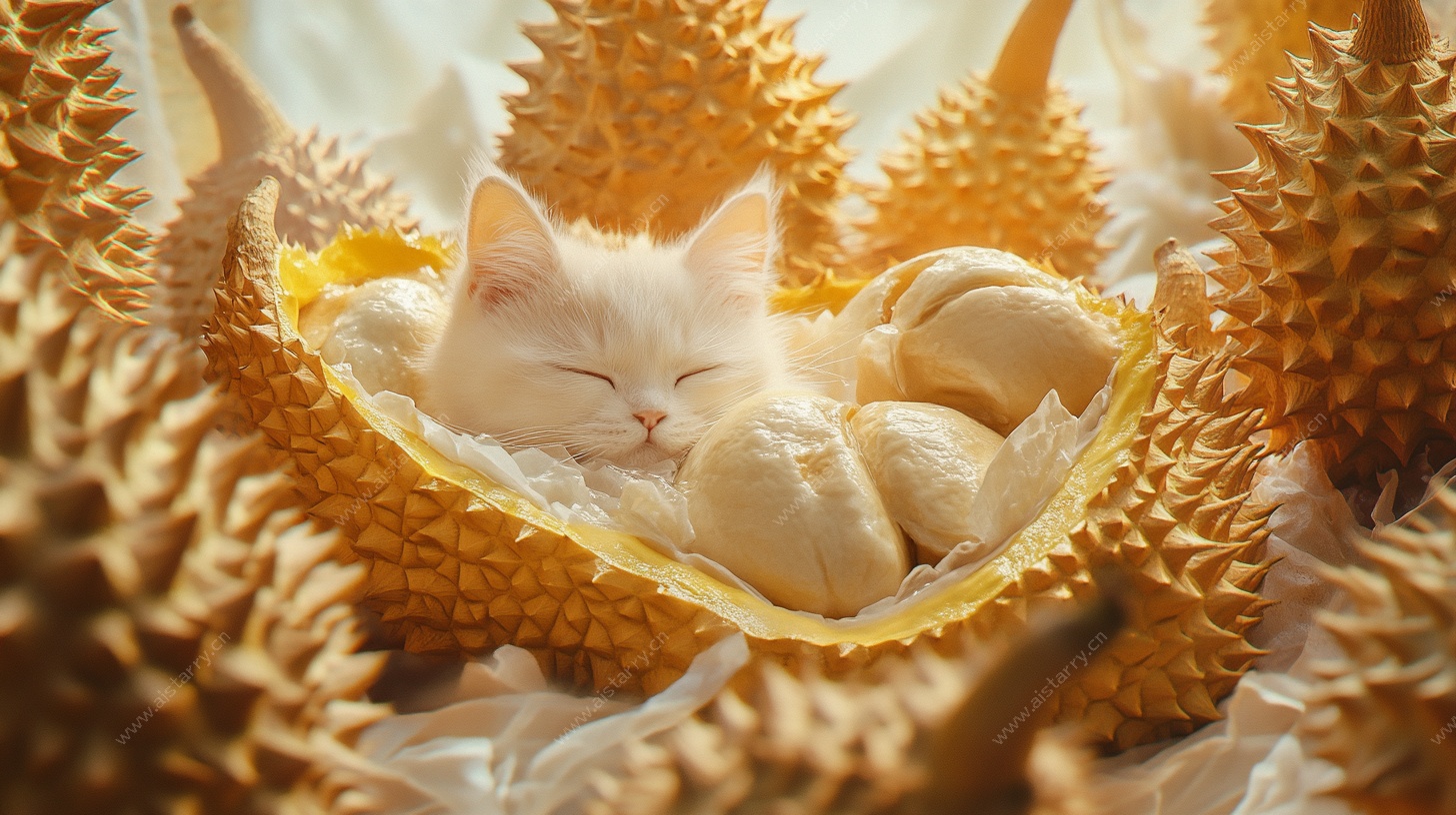 猫咪惬意躺卧在榴莲壳中