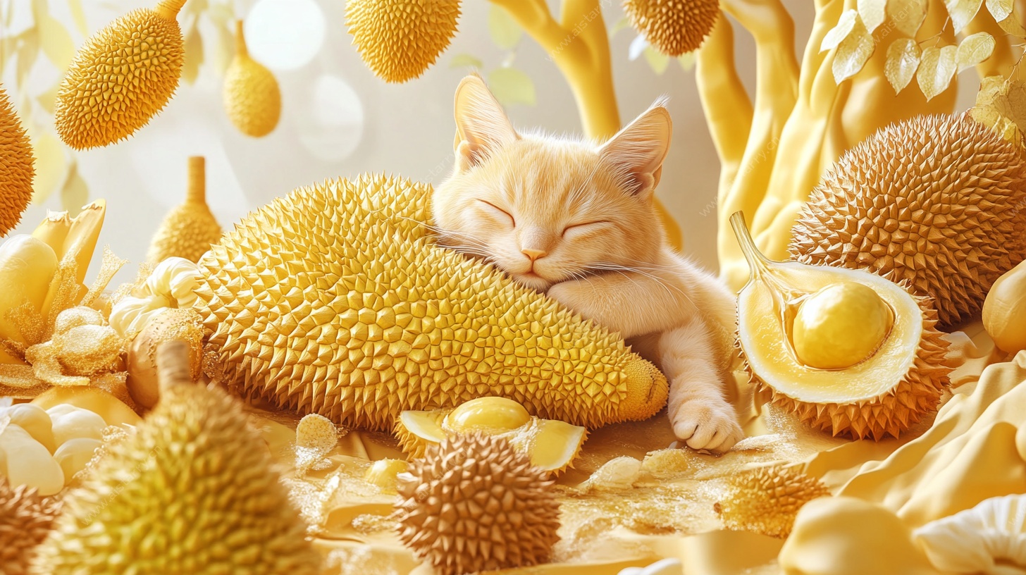 猫咪依偎在榴莲旁的温馨画面