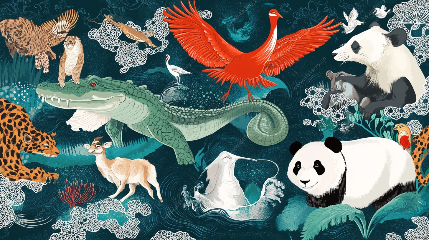 多彩野生动物奇幻插画