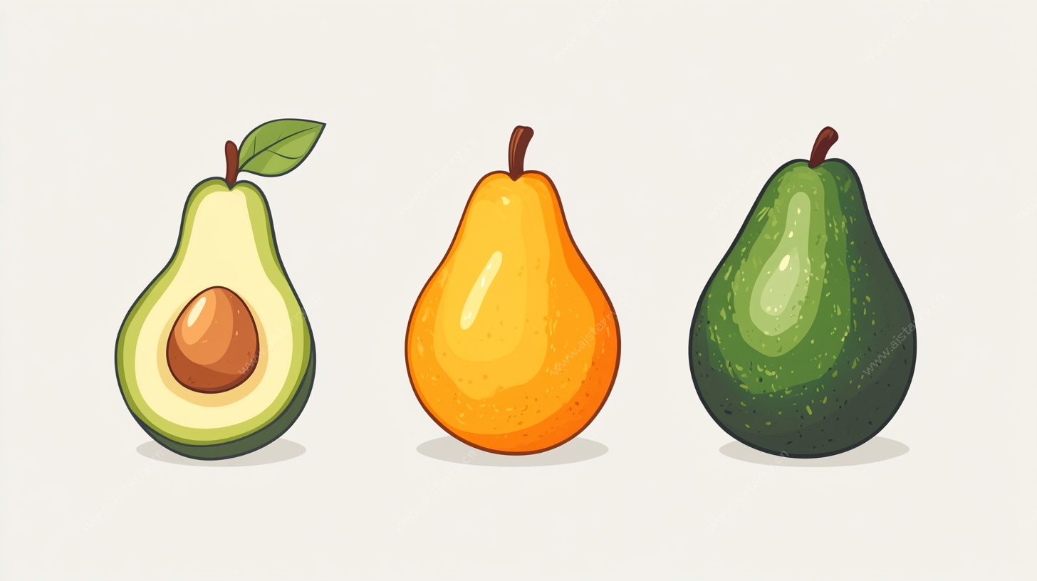 三个水果插画 梨与牛油果