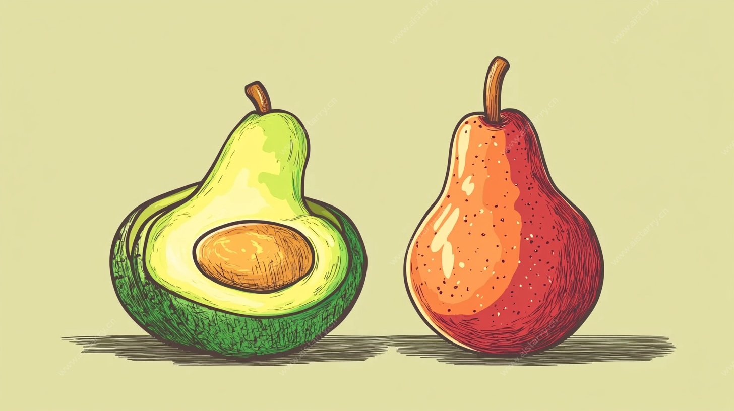 牛油果与梨的手绘插画