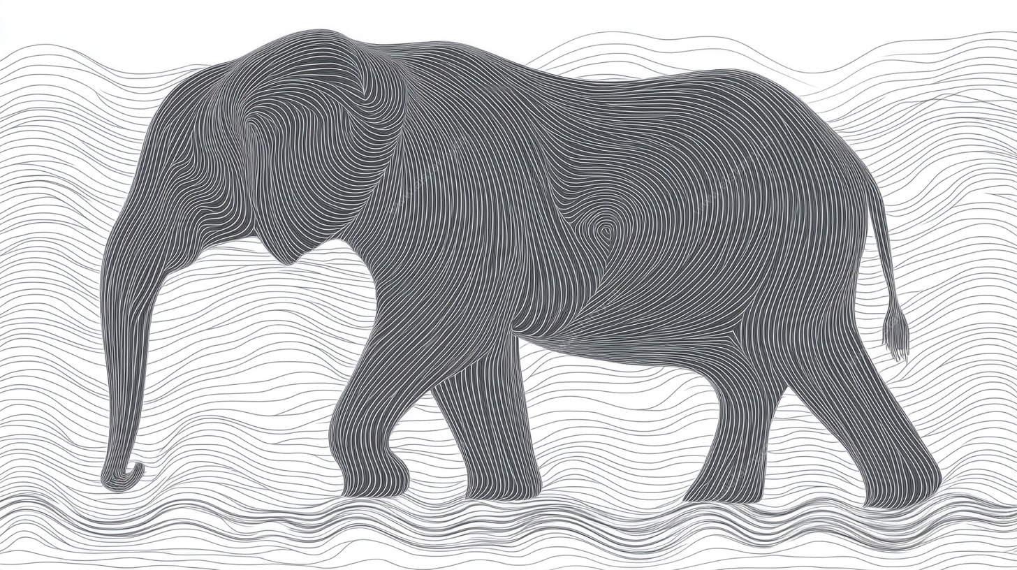 线条风行走大象插画