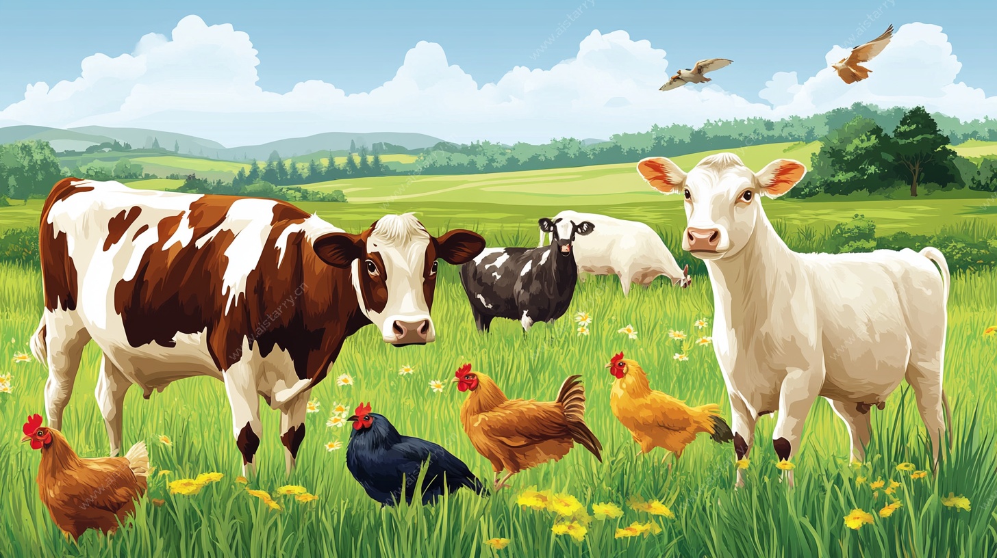 田园牧歌 牛鸡共绘乡村景