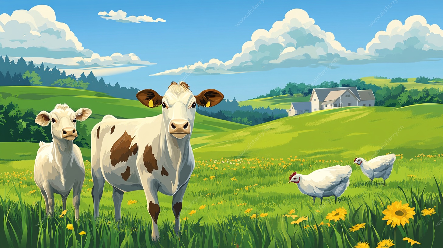 田园牧歌 牛与鸡的悠然时光