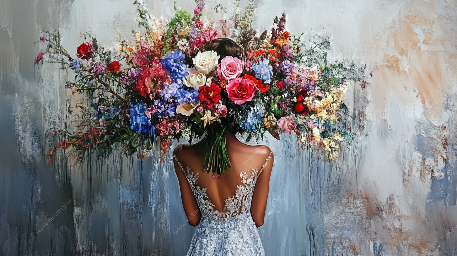 新娘背身持绚丽大捧花