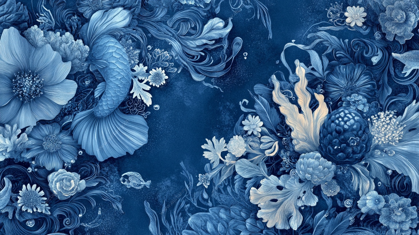 蓝色梦幻海洋花卉图案