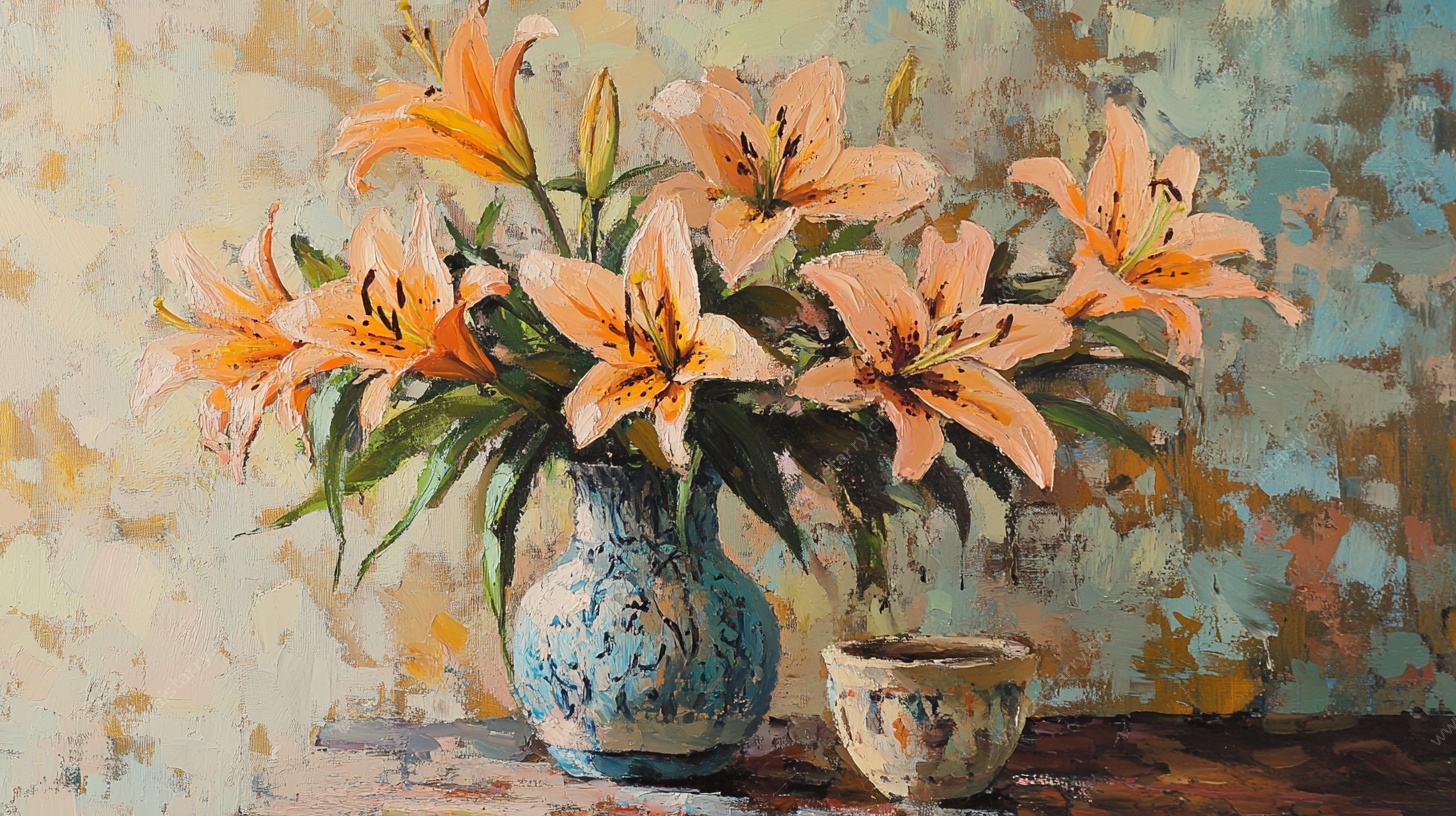 油画中的百合花瓶景