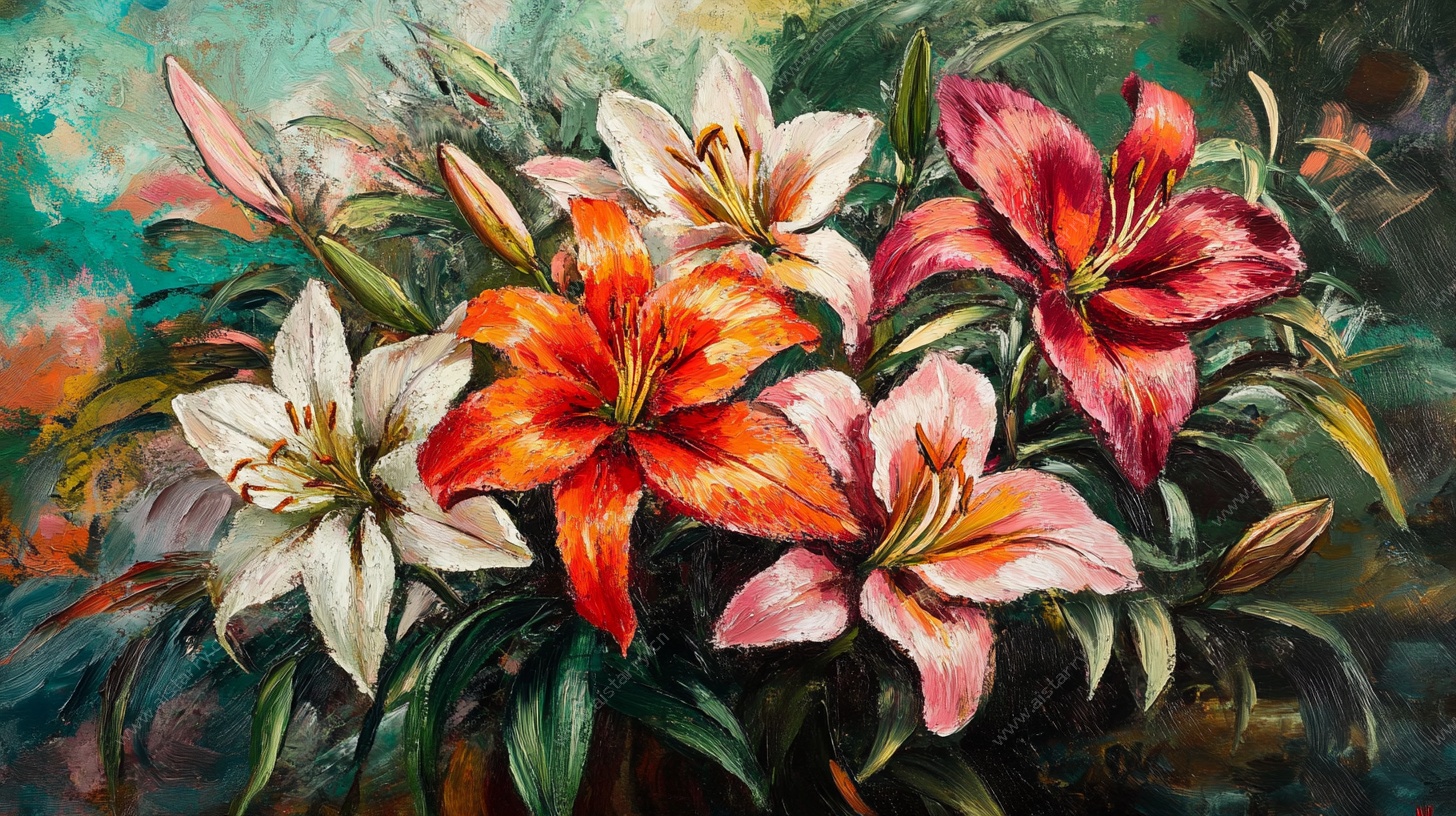 多彩百合花油画花卉作品