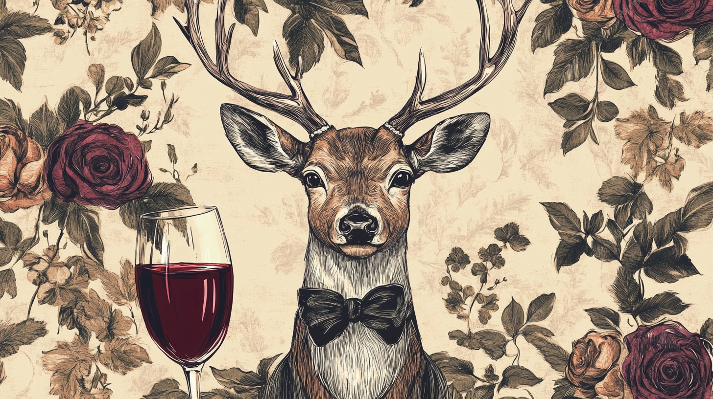 优雅小鹿与红酒花卉插画