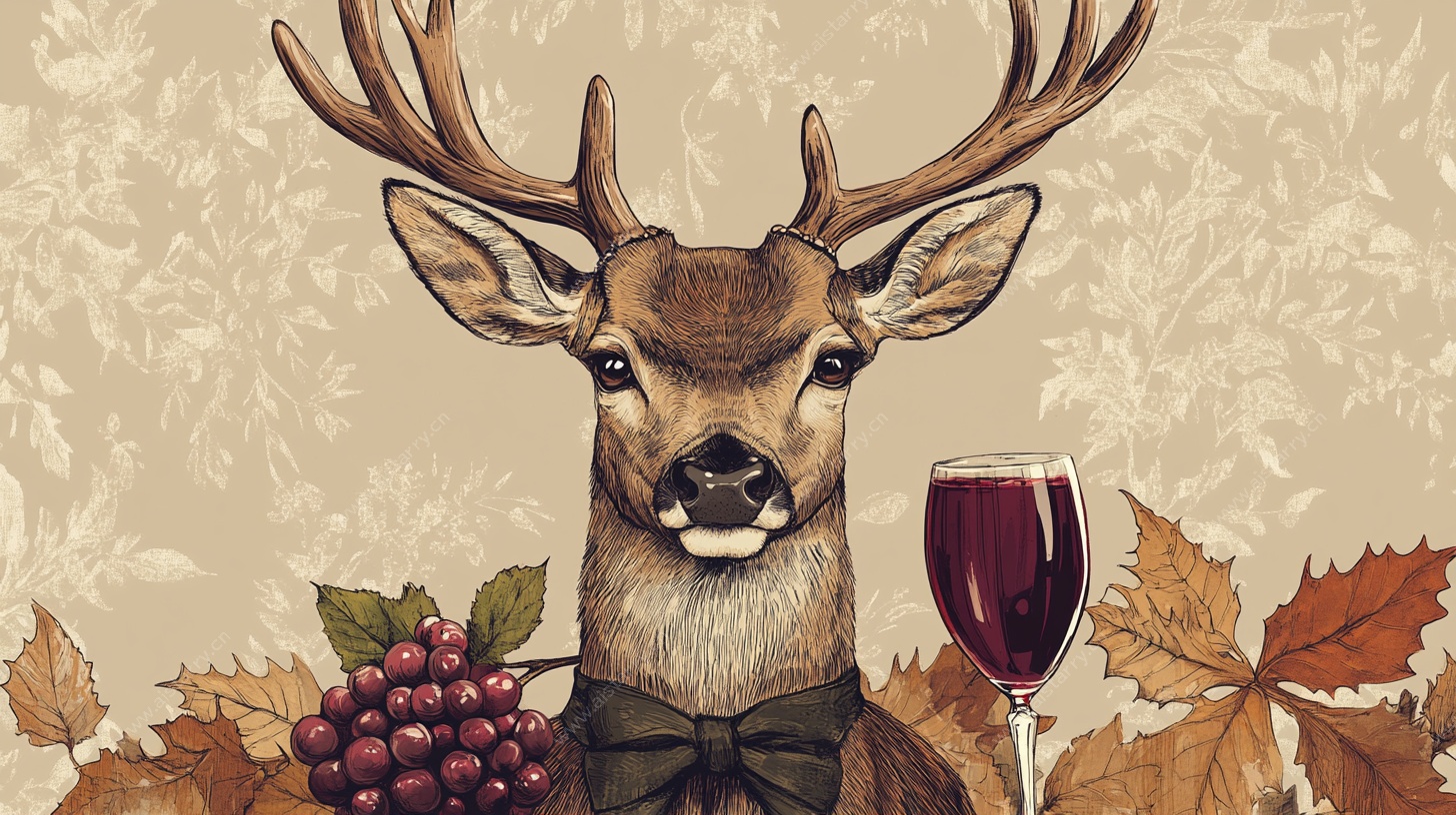 优雅鹿与葡萄美酒插画