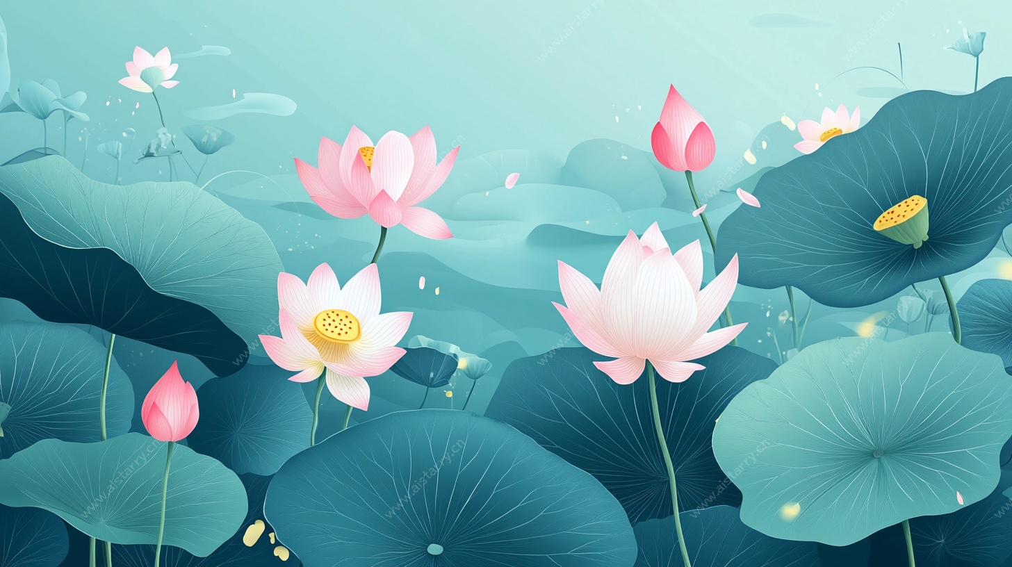 夏日荷塘梦幻插画