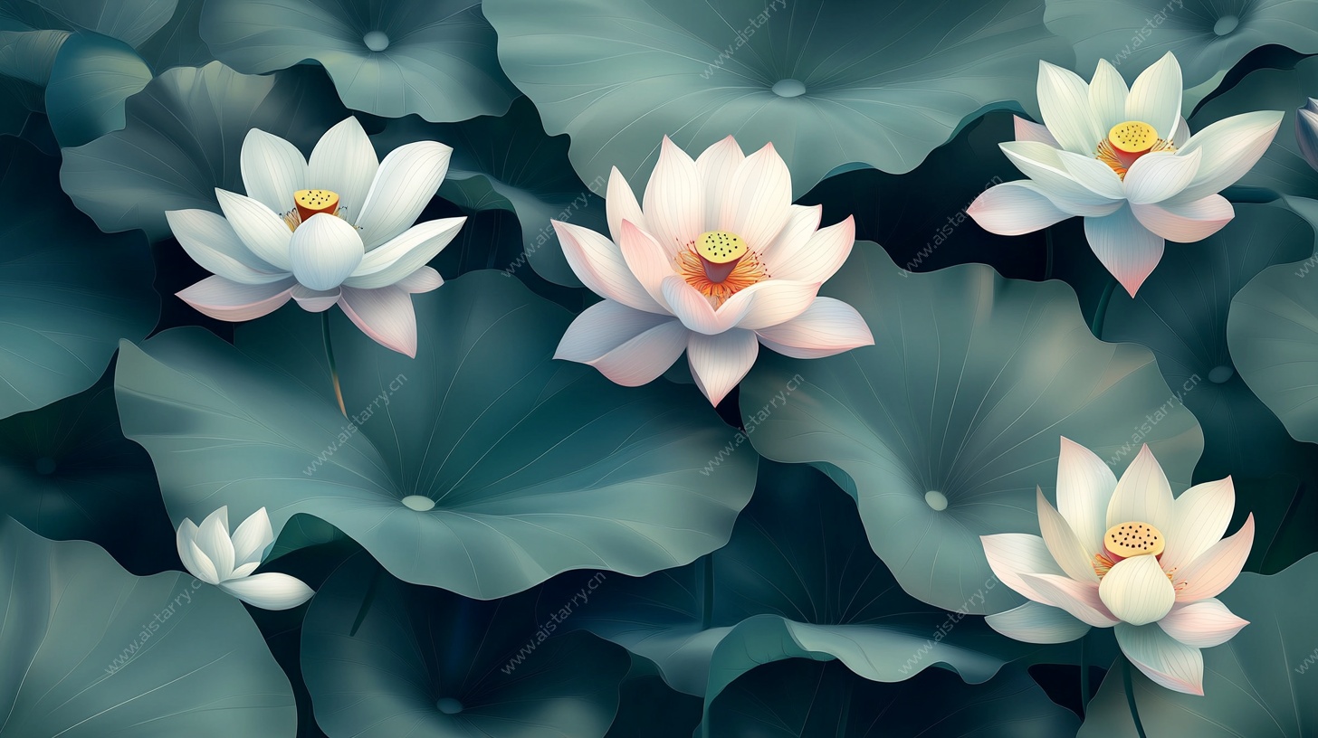 水墨风盛开的美丽荷花