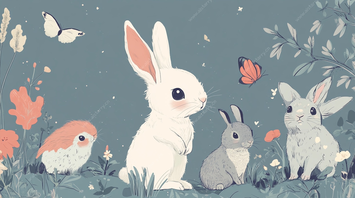 可爱兔子与小鸟的梦幻场景