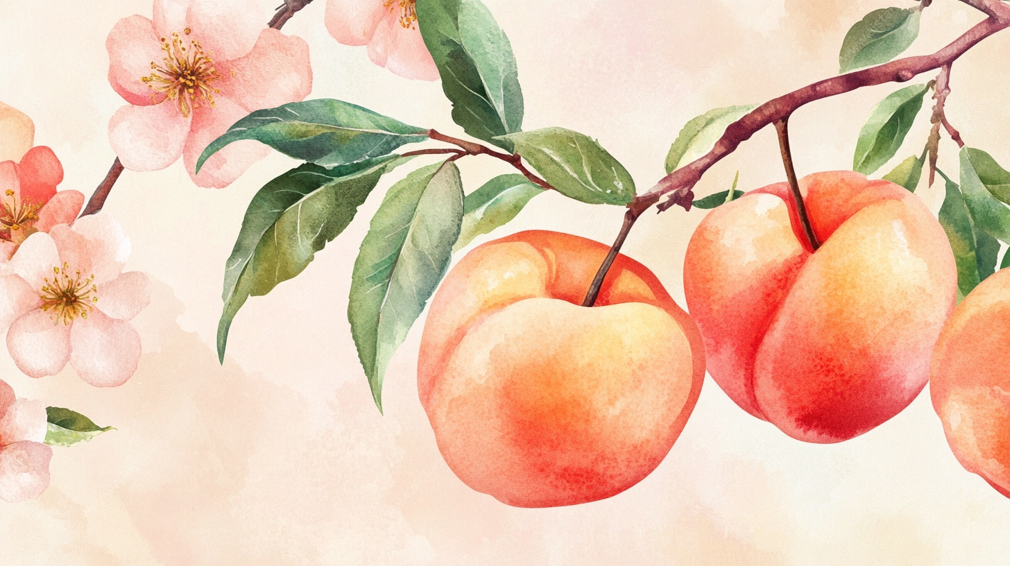 水彩绘枝头鲜桃与繁花