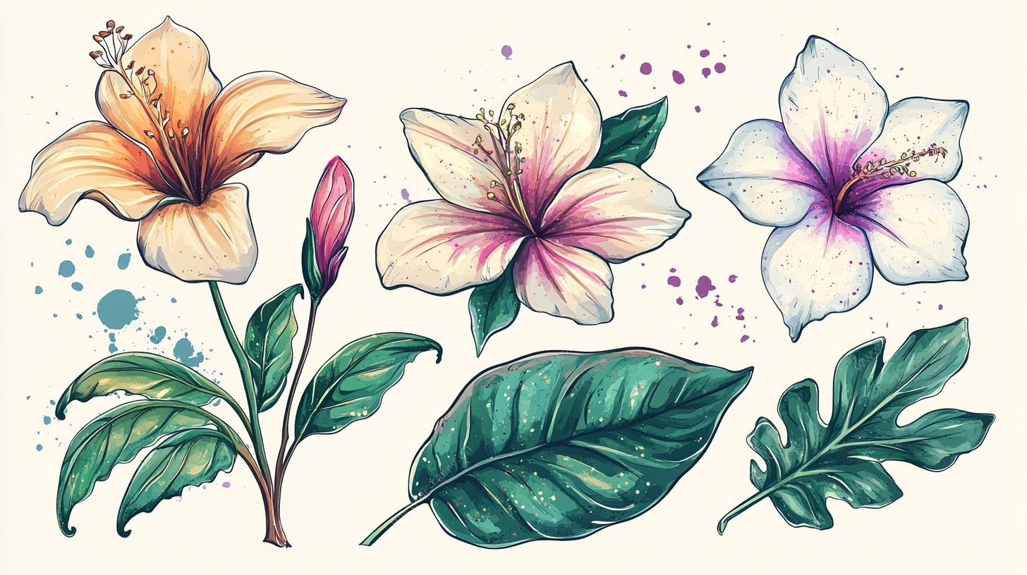 手绘扶桑花与叶片插画