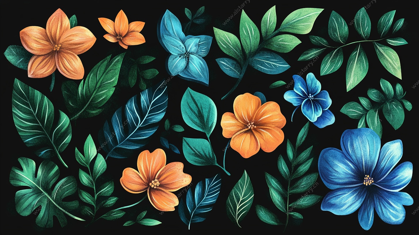 缤纷花卉绿叶插画素材