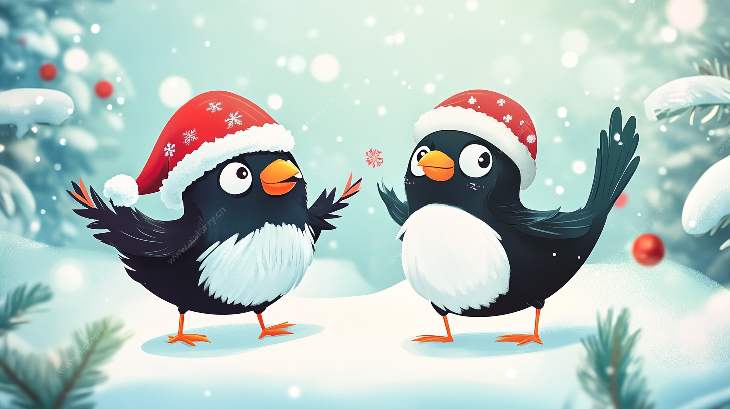 圣诞小鸟欢乐雪景图