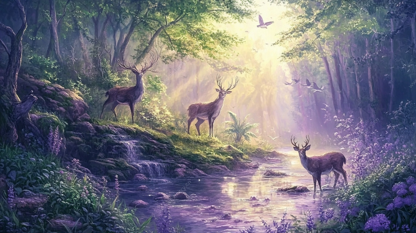 梦幻森林中的鹿群与晨光