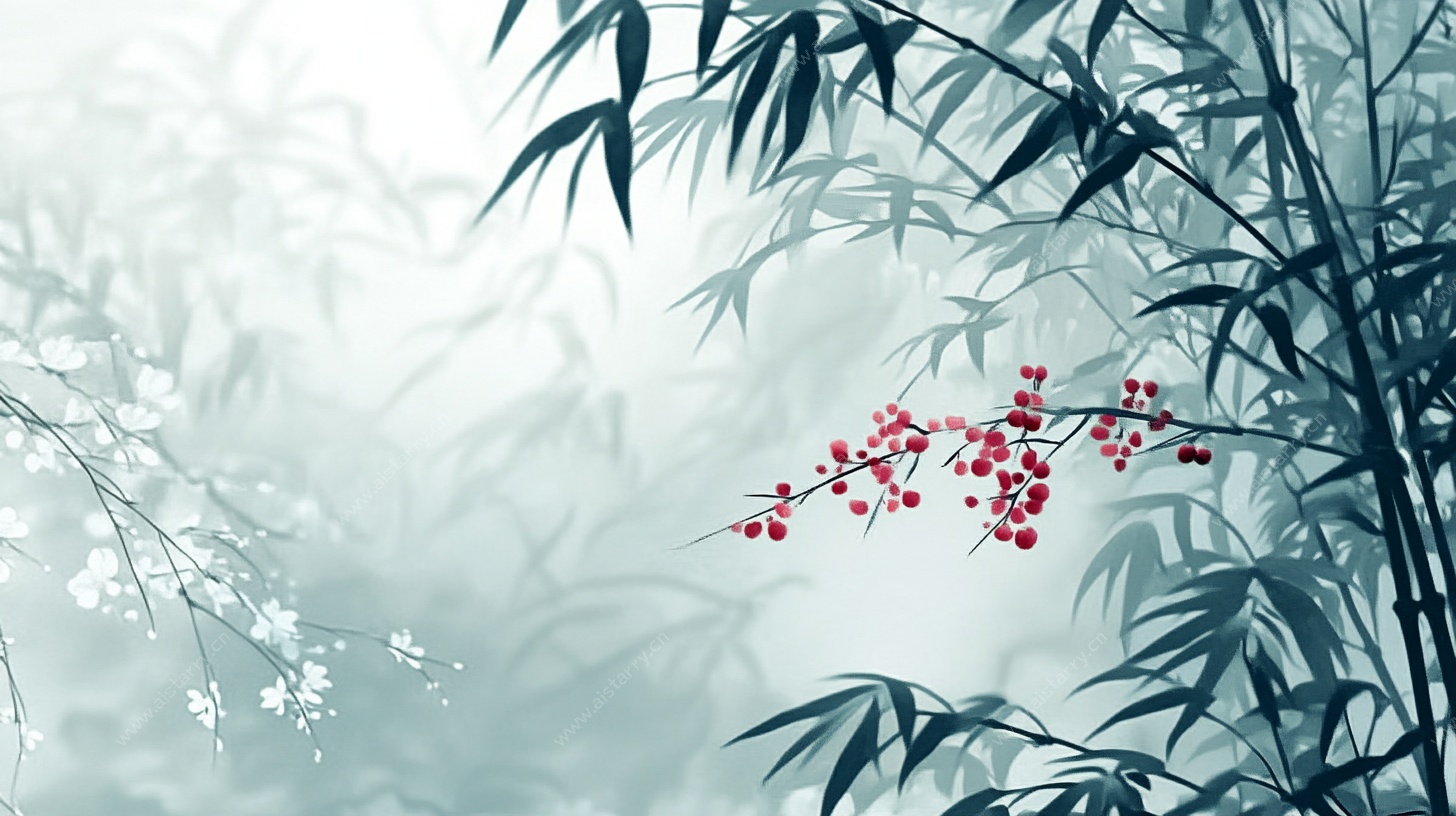 水墨竹景配红果意境图