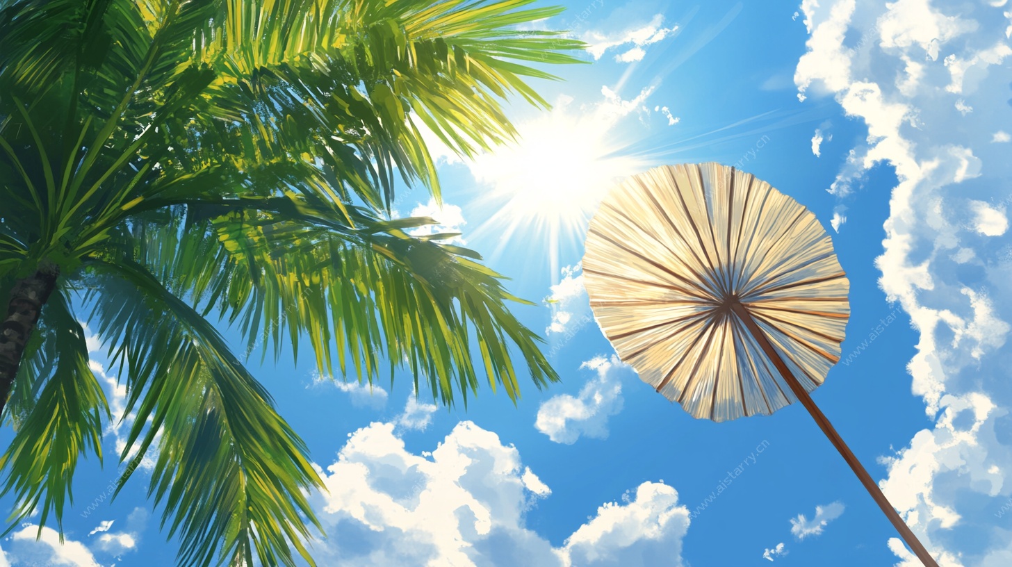 夏日椰影遮阳伞蓝天景