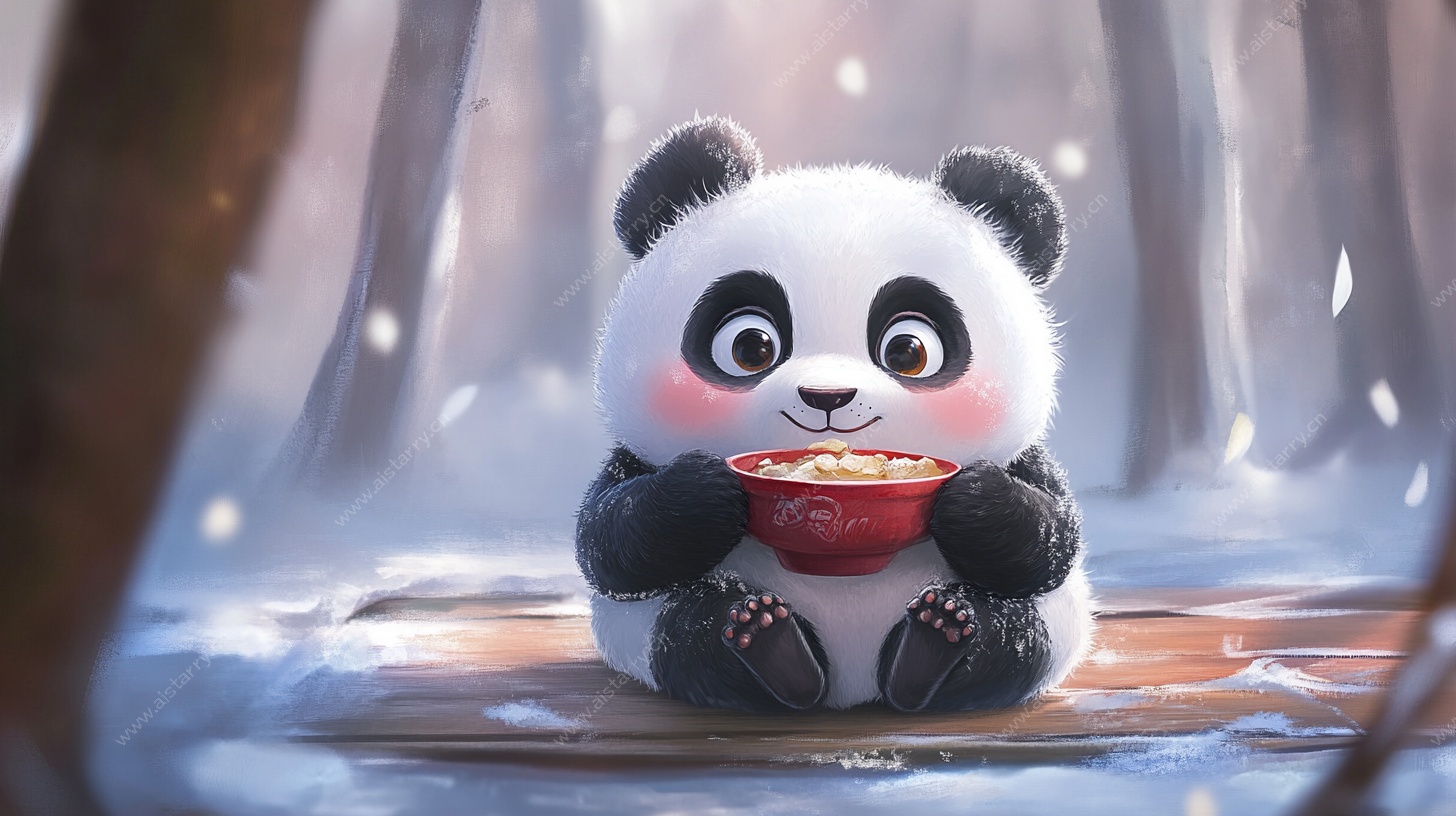 雪地中吃美食的可爱熊猫