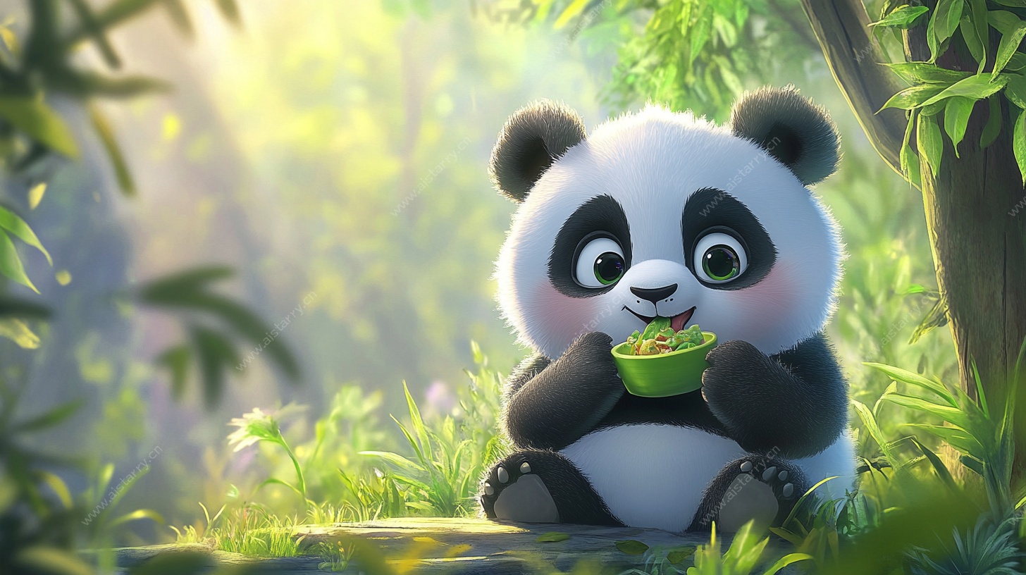 可爱熊猫林中享用美食