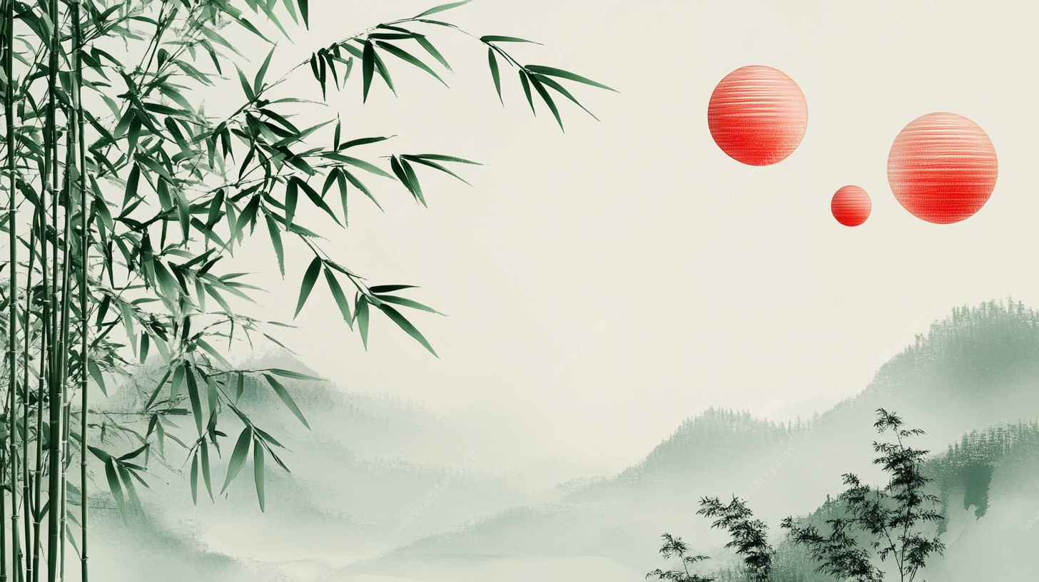 竹林红日山水意境图