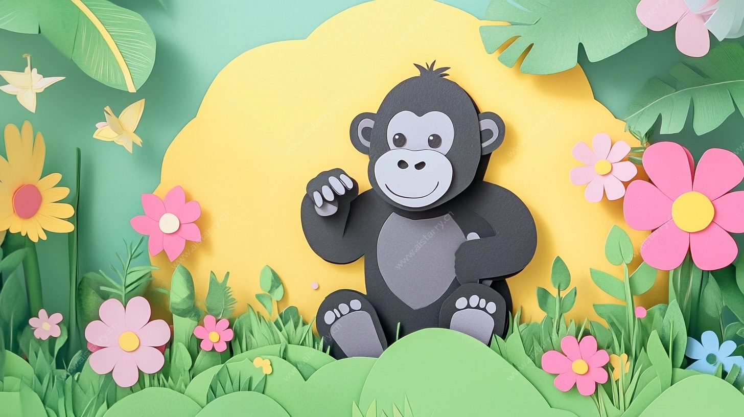 纸艺黑猩猩置身缤纷花丛中