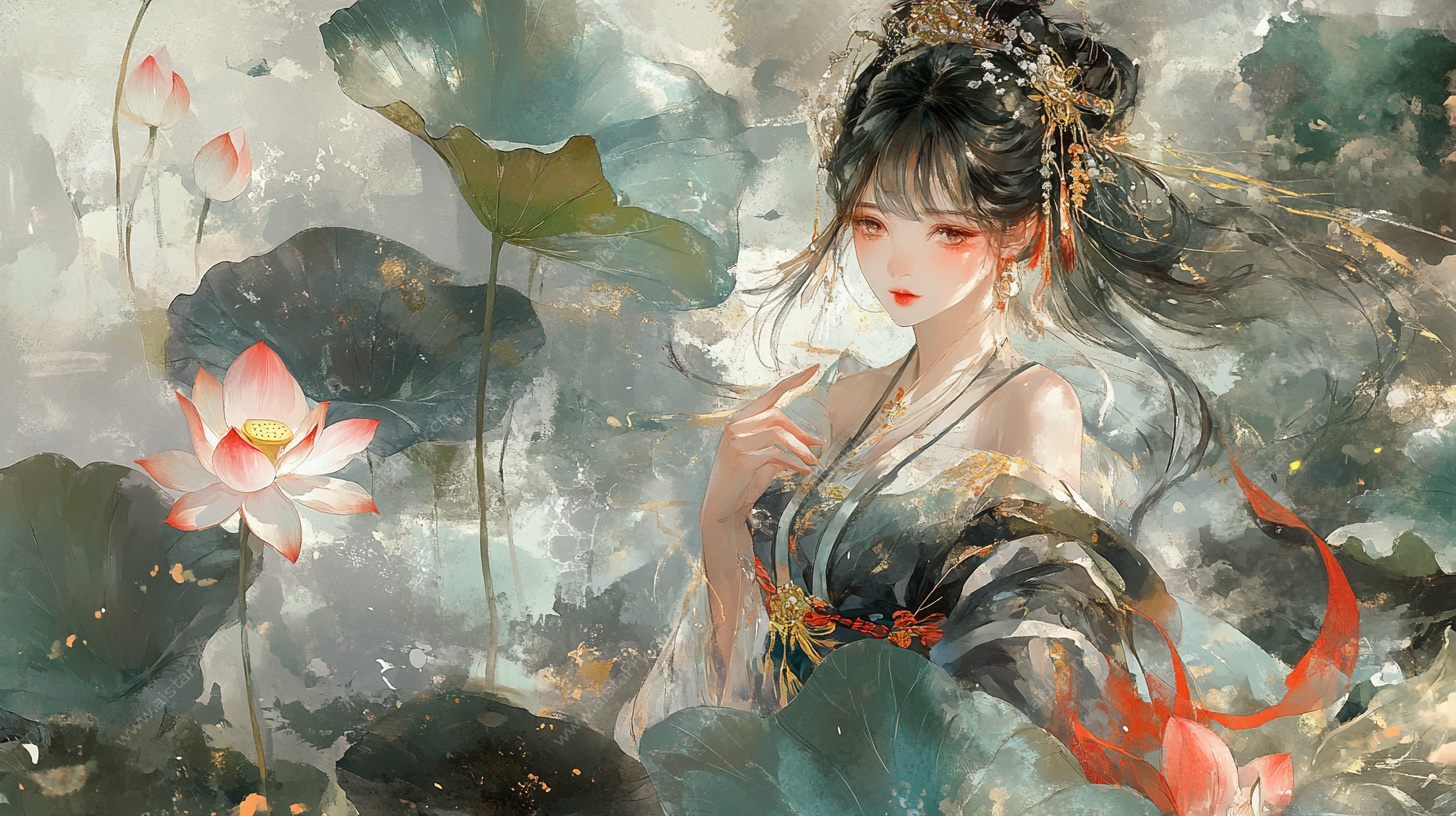 水墨古风荷花仙子图