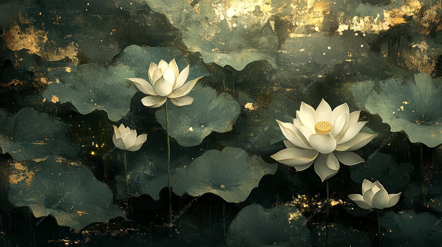 水墨荷塘中的清雅白莲花