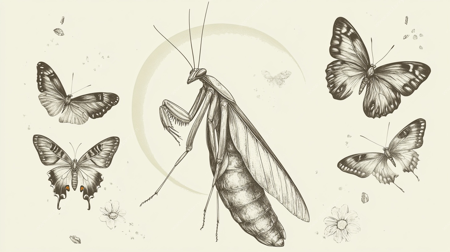 螳螂与蝴蝶的素描插画