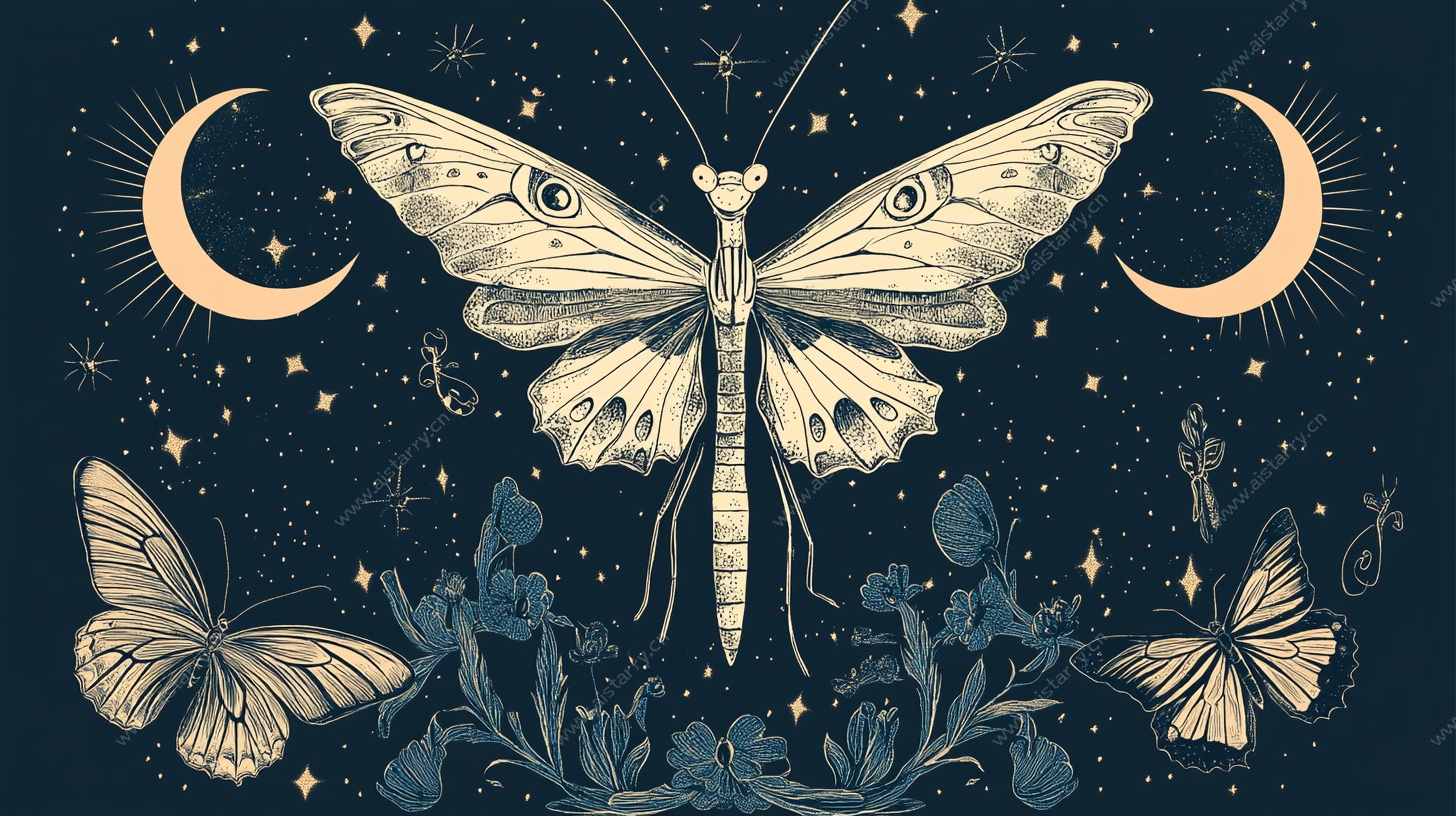 夜空中的梦幻昆虫插画
