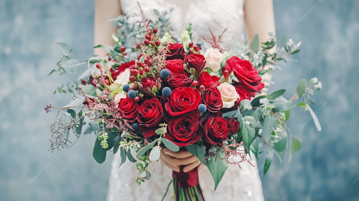 新娘手持红玫瑰婚礼花束