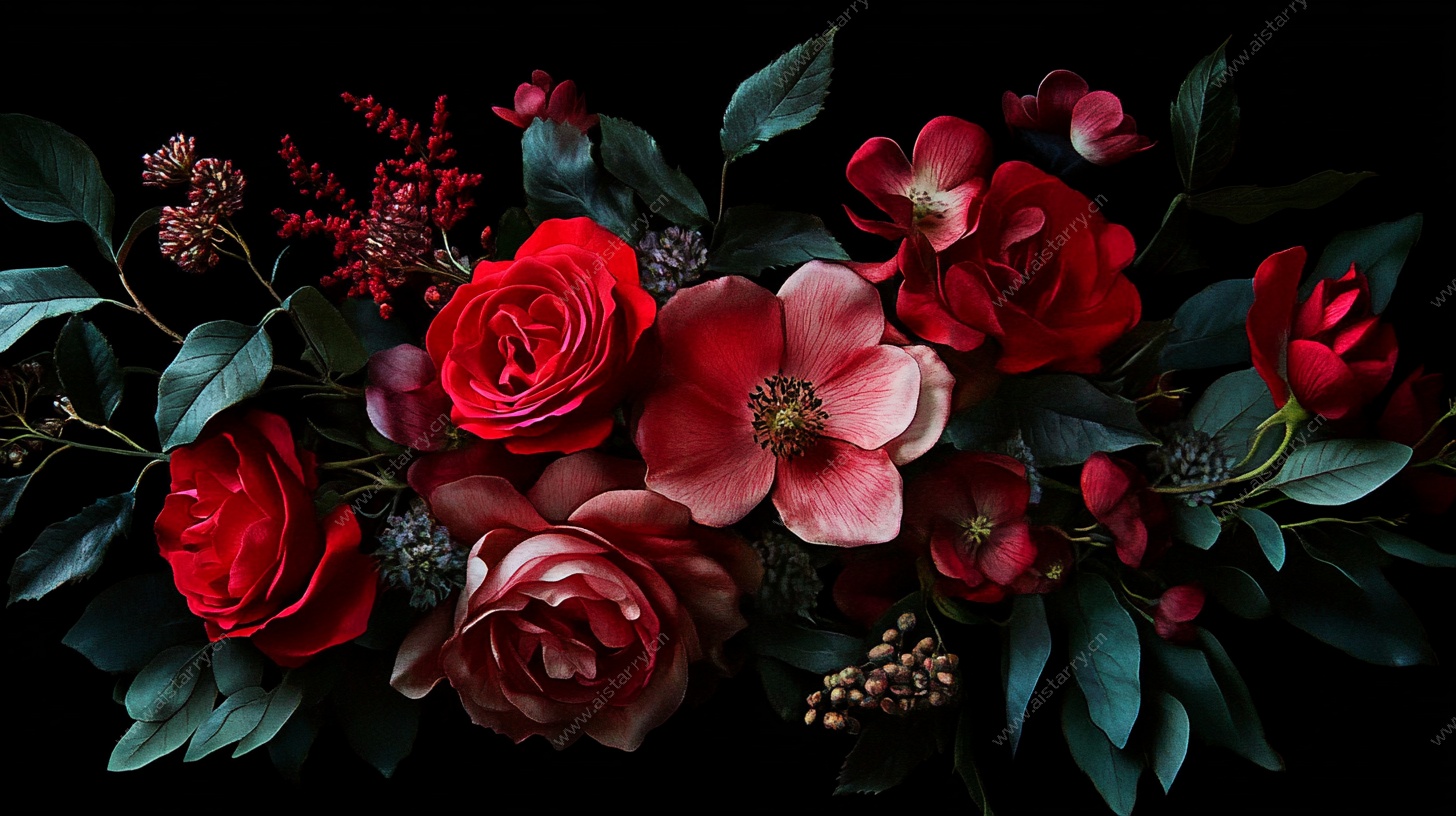 深红花卉组合图
