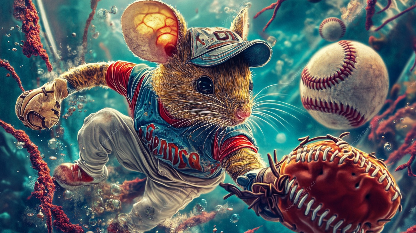 打棒球的老鼠奇幻插画