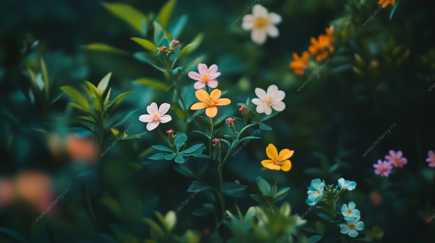 多彩小花绽放绿意间