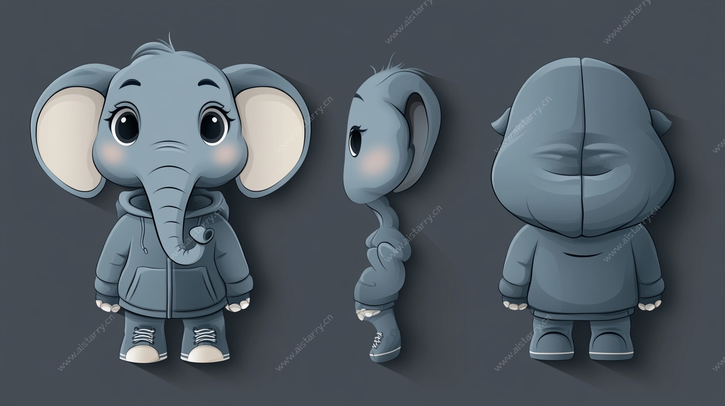 可爱小象卡通角色三视图