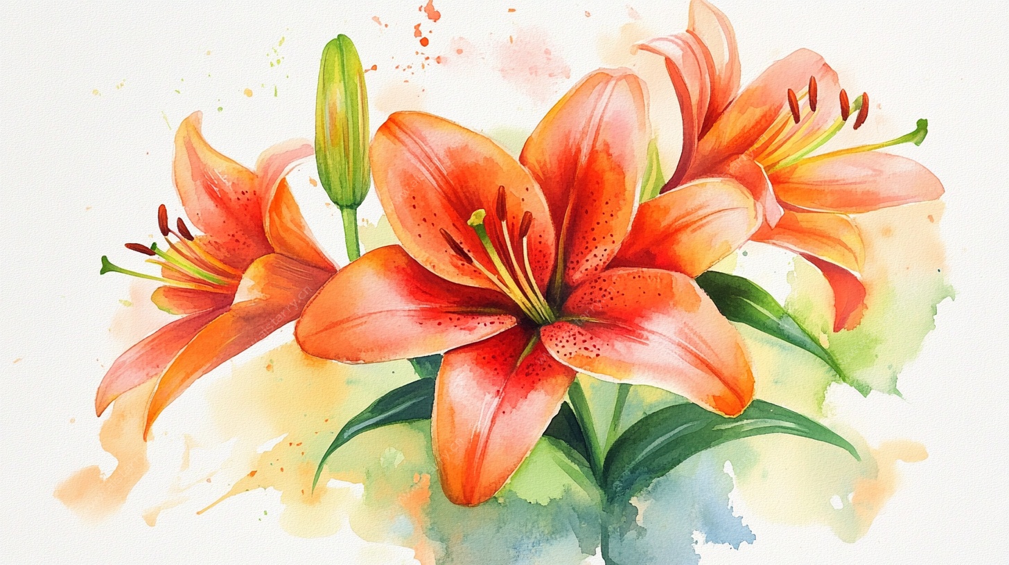 水彩绘橙色百合花