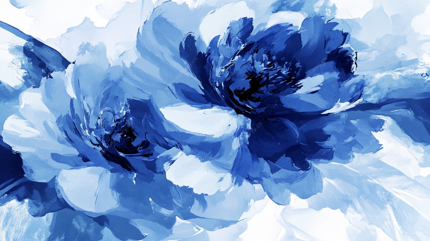 蓝色水墨风花卉艺术画