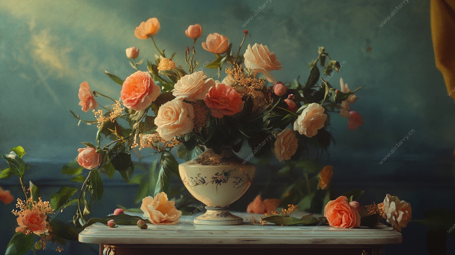复古风花瓶中的绚烂花卉