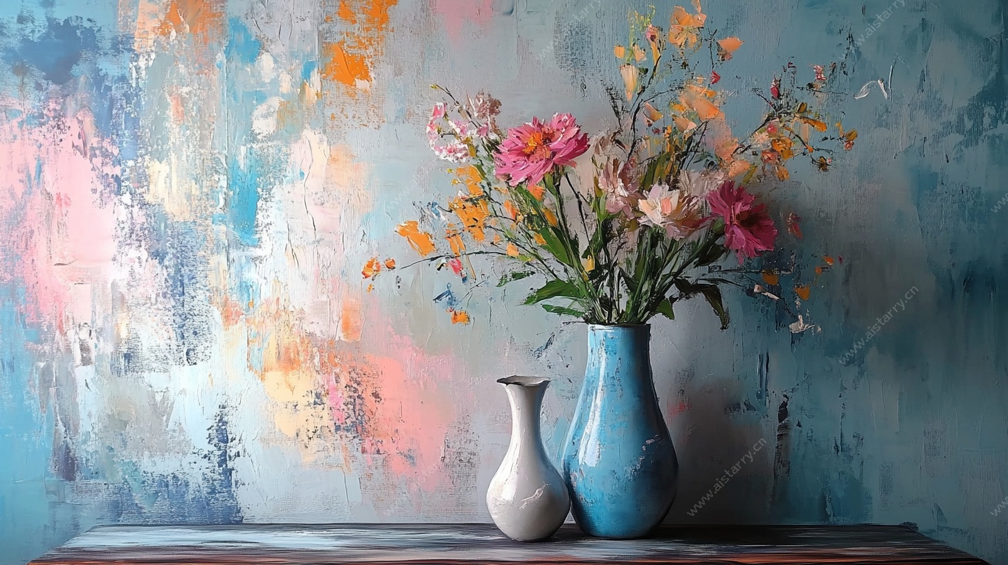 花瓶中的多彩花卉静物画