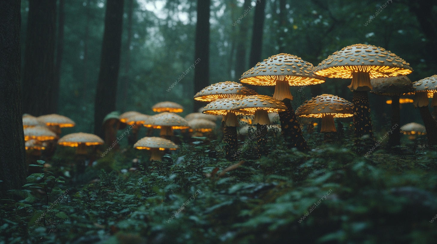 森林中的发光蘑菇群