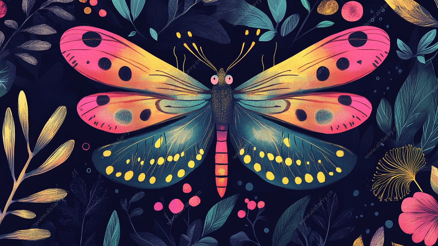 梦幻蝴蝶与花卉插画