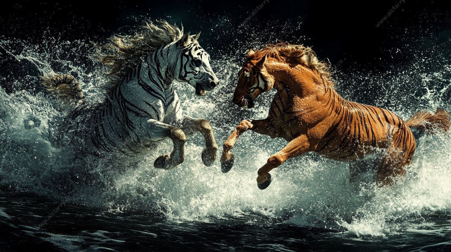 双马奔腾于汹涌波涛间