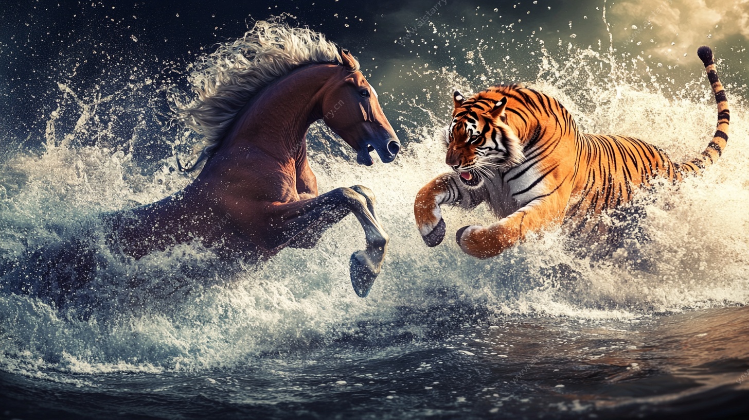 马虎相搏于汹涌波涛间