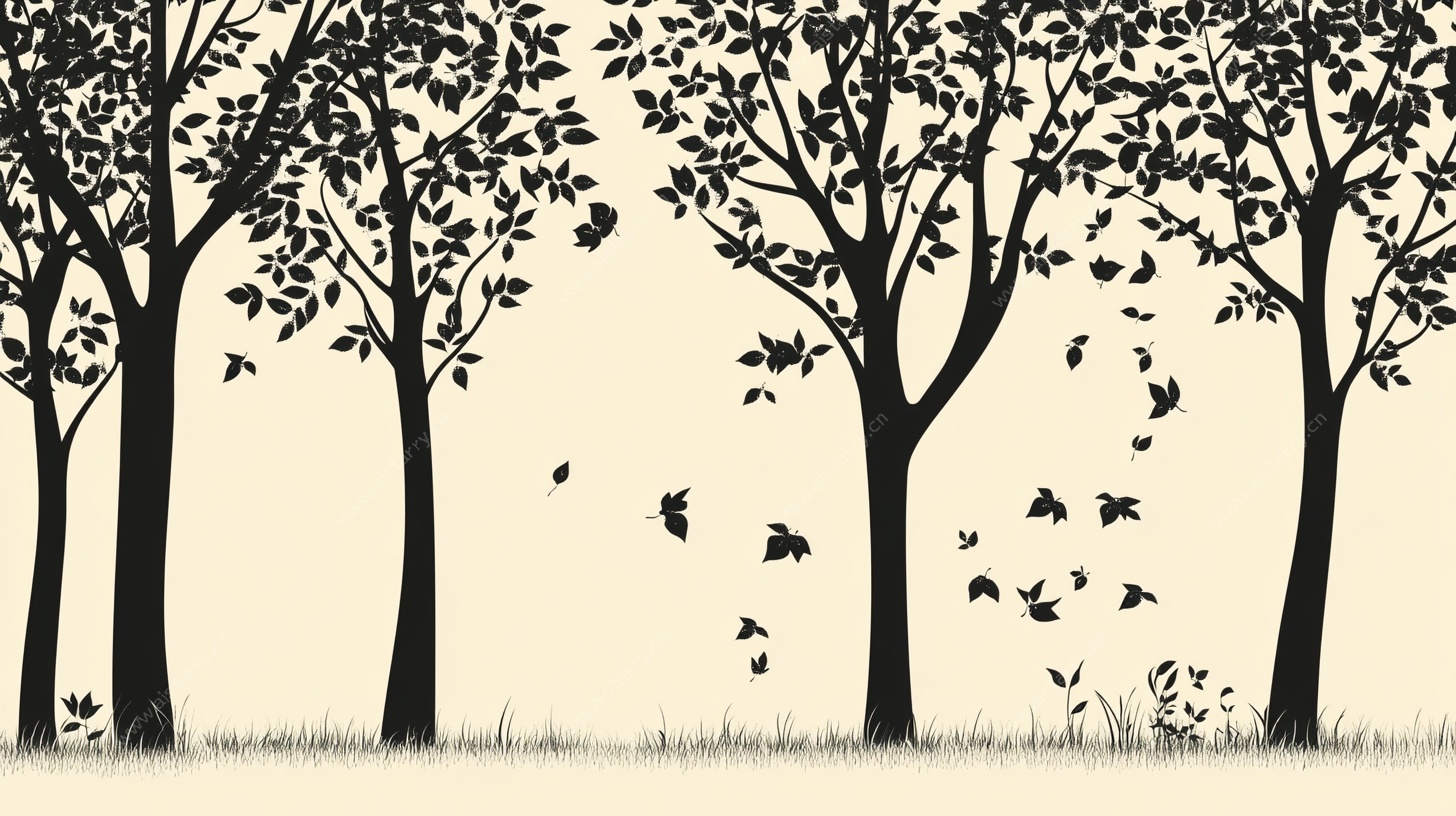 树林飞鸟剪影插画